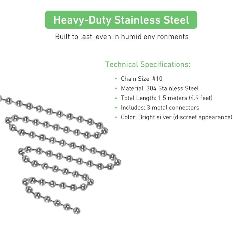 AUDEEKON #10 Stainless Steel Bead Chain for Roller Shades & Vertical Blinds - 1.5 Meter Length (59 inch) - Includes 3 Metal Connectors - Image 3